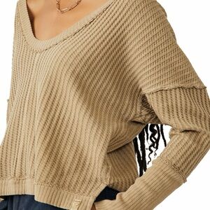 We The Free Ribbed V-Neck Sweater in Beige